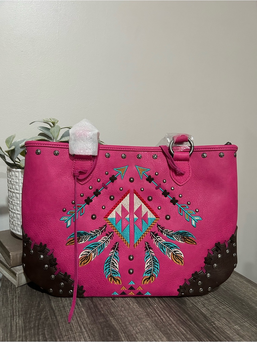 Montana West Hot Pink Embroidered Feather Tote with Brown Trim